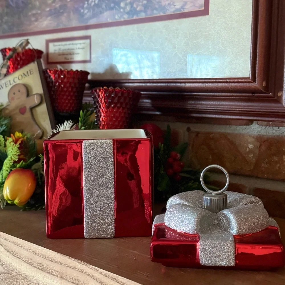 Festive Red Gift Box Ornament with Silver Bow - Holiday Home  Cookie Jar Decor